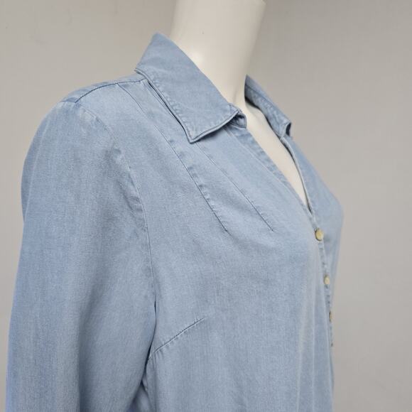 Soft Surroundings L Chambray Top Shirt Asymmetrical Hem Wrap Roll Tab Long Slv - Picture 5 of 7